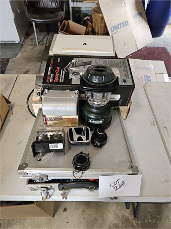 Mixed Tool Lot 250psi 12 Volt Air Compressor, Coleman Lantern, Spray Gun, Skil