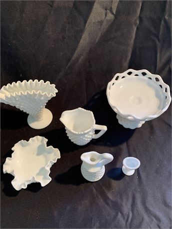 Fenton and Unmarked White Glass Hobnail Pattern Lot Bowls/Candy Dishes Vase