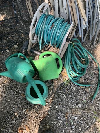 Garden Hoses, Hose Reel & Plastic Watering Cans Lot