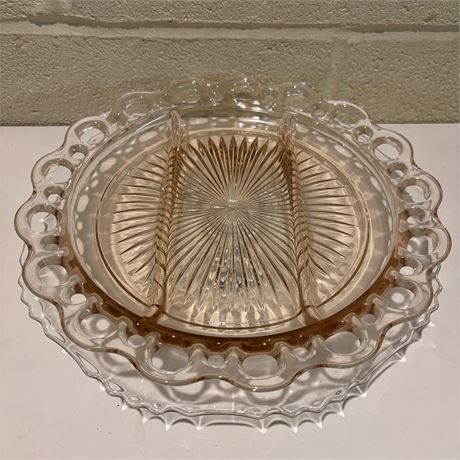 Pink Depression Glass Relish Tray and Clear Glass Footed Cake Plate