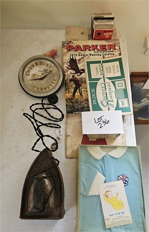 Mixed Vintage Lot: Iron, Corvette Emblem, Hunting Dealer Catalog & More