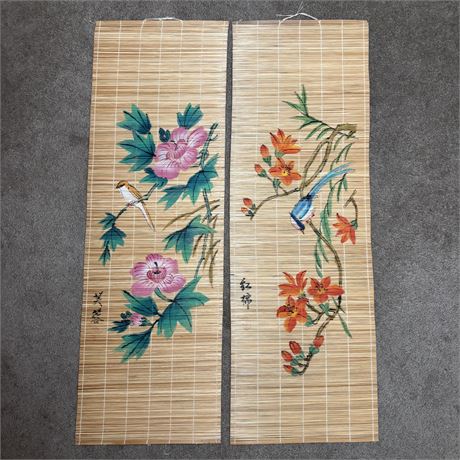 Pair of Vintage Asian Bamboo Scroll Paintings - 36"L