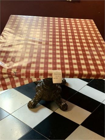 Square Plywood Table W/Cast Iron Base & Checkered Vinyl Tablecloth