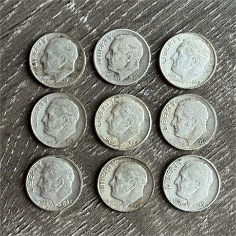 1946-1964 90% Silver Roosevelt Dimes - Lot of 9