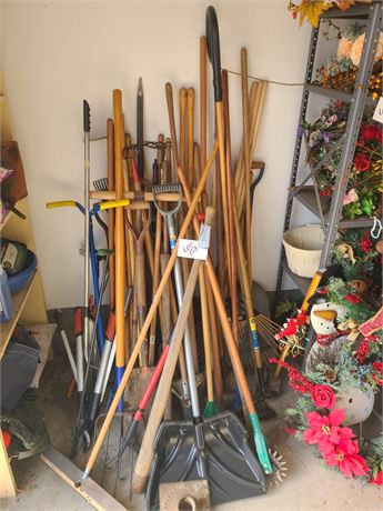 Huge Lot of Yard & Garden Tools:Rakes/Shovels/Hoes/Pickaxes/Trimmers & More