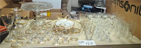 Large Clear Glass Lot:Gold Rim Glasses/Drinking Glasses/Tray & Much More