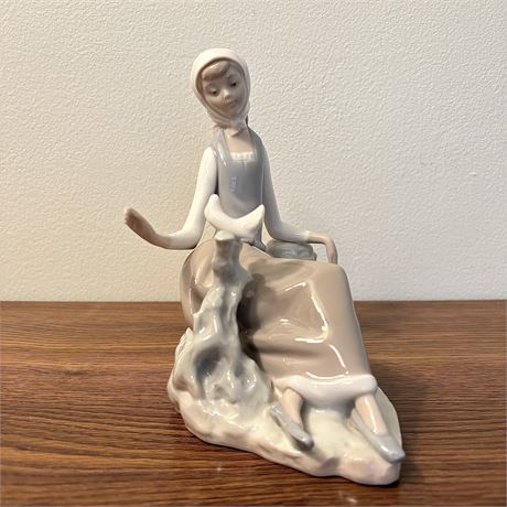 Discontinued Lladro Shepherdess Girl w/ Dove Figurine