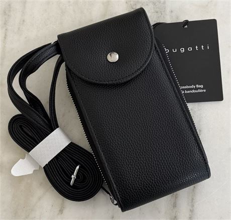 New Bugatti Black Leather Zip Around Slim Crossbody Travel On the Go Bag Purse