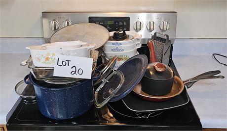 Mixed Pots & Pans- Corningware, Enamel Lidded Pot, Baking & More