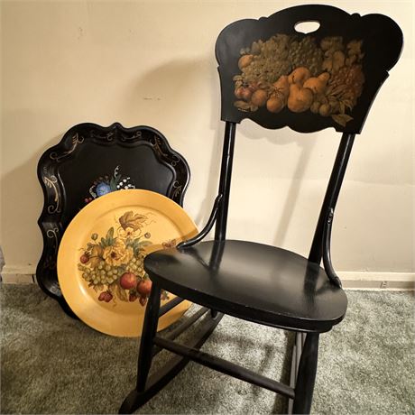 Old Painted Wood Rocking Chair and Large Serving Trays