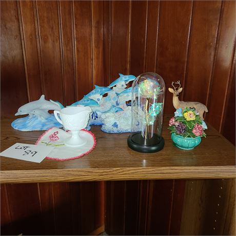 Mixed Decor Lot: Dolphin Figurines / Glass & More