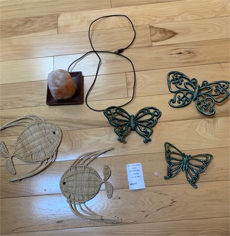 Vintage Plastic Butterfly & Wicker Fish Wall Art, USB Himalayan Salt Lamp