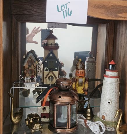 Mixed Decor Lot- Decorative Bird Houses, Light House Lamp And More