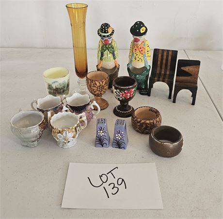 Mixed Glass Lot: Souvenir Cup , Amber Rose Vase, Clown Figurines, S&P & More