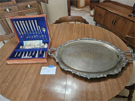Rogers Sectional Silverplate Flatware Set Service for 8 & Large Plated Tea Tray