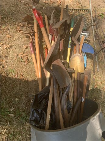 Rolling Garbage Can Barrel of Yard Tools