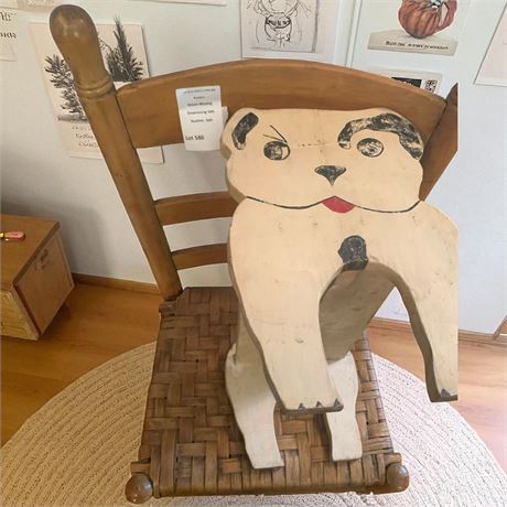 Vintage Split Seat Ladder Back Childrens Chair & Folk Art Dog Wood Footstool