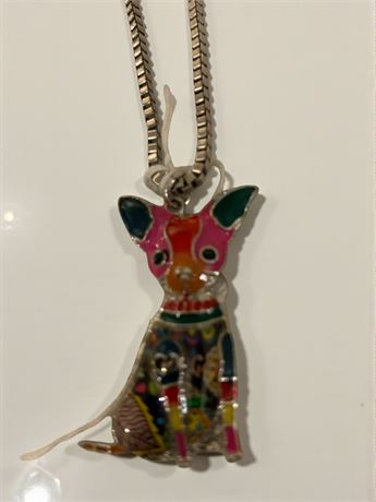 Multicolor Enamel Chihuahua Charm/Pendant On Box Chain Necklace