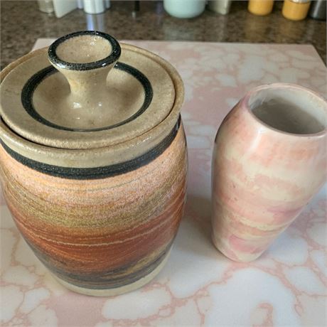 Tremar Pottery Canister Jar W/Lid & and Pink Wheel-Thrown Ceramic Vase