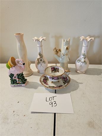 Vintage Pink Floral Rose Vases, Flamingo Measuring Spoon Holder, Napco, Teacup