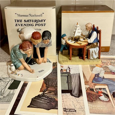 Limited Edition Norman Rockwell Figurines w/ Boxes and Several 12 x 15" Lithos