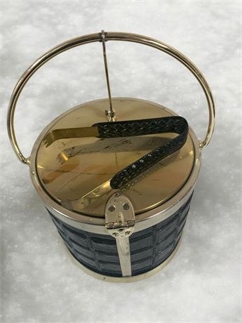 MCM Kraftware Ice Bucket With Black Quilted Pattern Gold Handle & Tongs