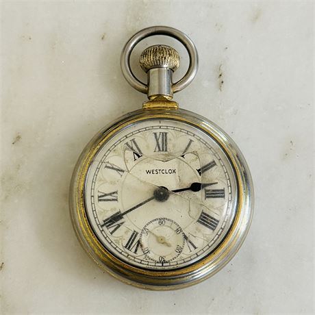 Old Westclox Pocket Watch with Train Engine Design on Back