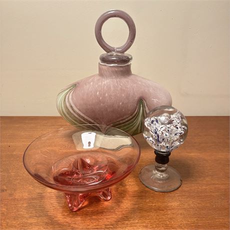 Art Glass with Footed Bowl, Pedestal Paperweight and Decanter