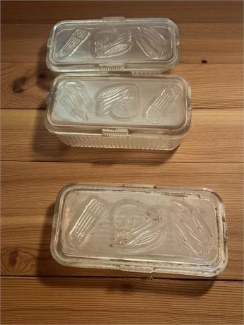 Federal Glass Square Ribbed Refrigerator Storage Dishes W/Vegetable Designs