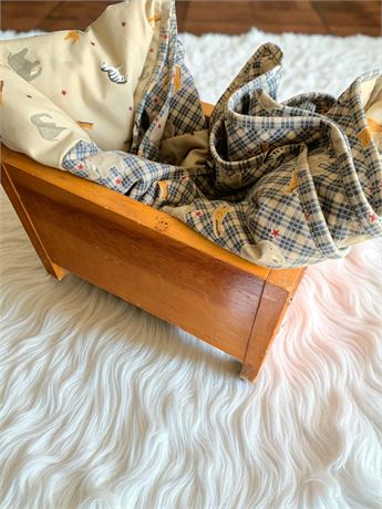 Vintage Wood Baby Doll Crib and Baby Blanket Lot