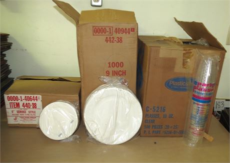 Cases of 6", 9" Paper Plates, Plastic Cups