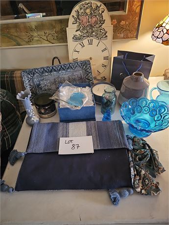 Mixed Home Decor: Wall Clock / Blue Glass Creamer / Blue Bird / Runner & More