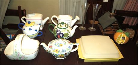 Teapots, Tupperware Egg Tray, Birdhouse, Etc