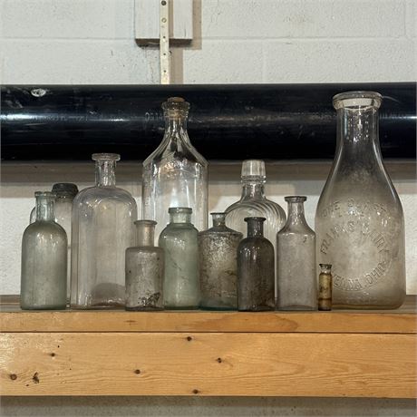 Antique Glass Apothecary Bottles and Rare Frank's Dairy (Ravenna, OH) Quart