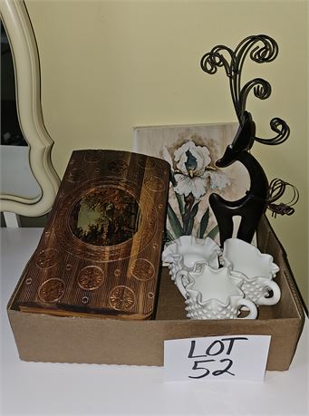 Wood Jewelry Box, Milk Glass Creamer/Sugar & More