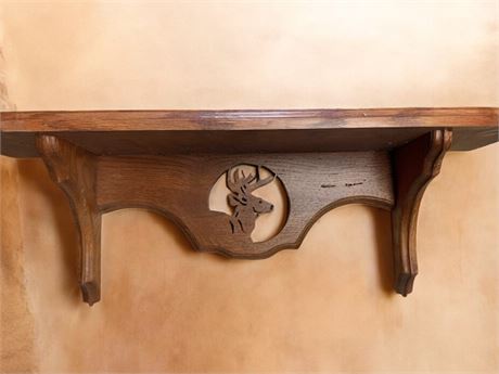 Small Victorian-Style Walnut Wood Display Wall Shelf With Moose/Dee Head Cutout