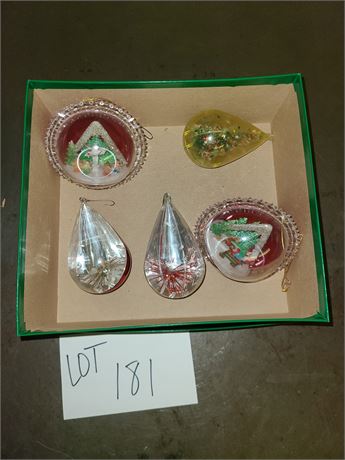Vintage Jewel Brite Diorama Teardrop & Round Christmas Ornaments