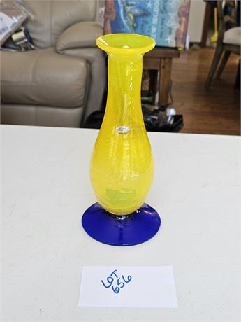 Blenko Yellow Crackle Vase with Cobalt Base