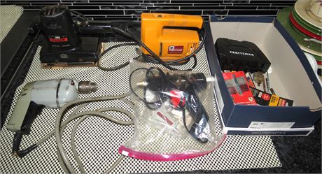 Assorted Electric Power Tools: Drill, Sander, Jigsaw, Glue Gun