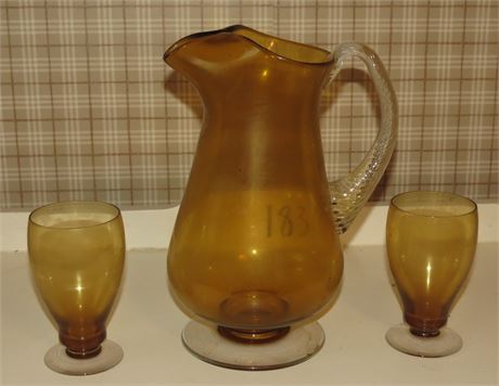 Vintage Amber Glass Pitcher, 2 Glasses