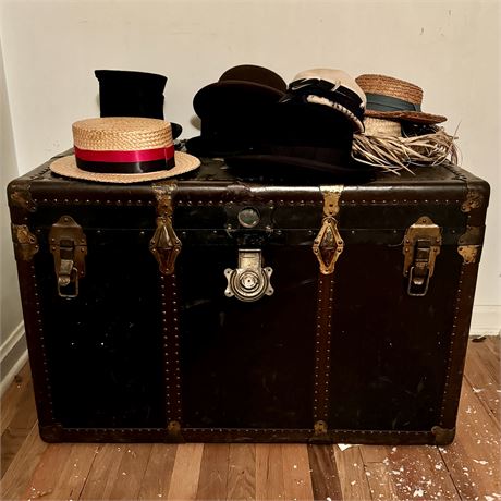 Antique Steamer Trunk (Broken Lock) and Vintage Hats