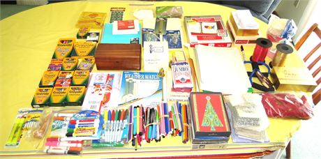 Tote of Office Supplies, Cards, Crayons, Markers, etc