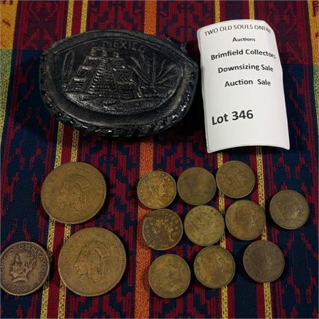 50s/60s Mexican Coins & Black Embossed Leather Coin Purse W/Horse & Pyramid