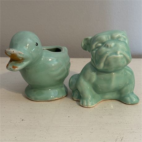 Cute Bulldog and Duck Vintage Ceramic Planters