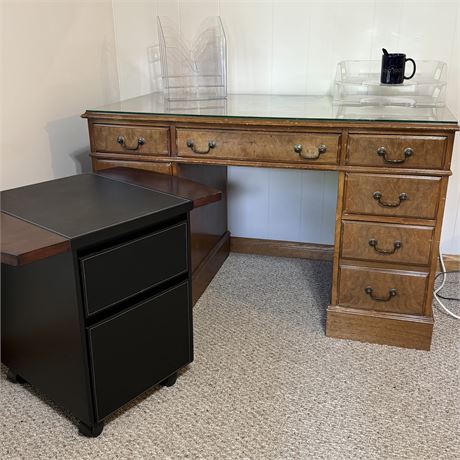 Solid Wood Desk w/ Contents and Rolling 2 Drawer Filing Cabinet