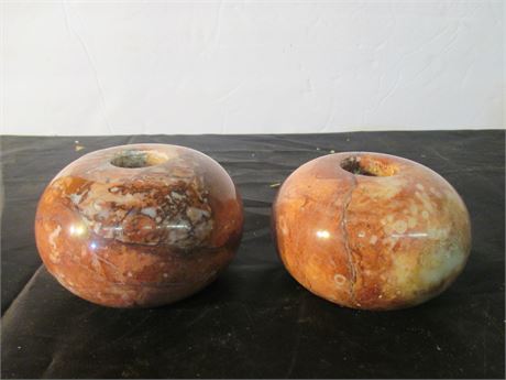 Vintage MCM Red Marble Pair 3 1/2" Round Candlesticks