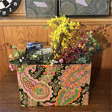 Box of Mixed Fall Decor, Artificial Flowers, Etc.