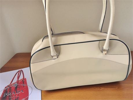 Prada Bowling Leather Handbag In Two-Tone Beige & Cream & Black Piping