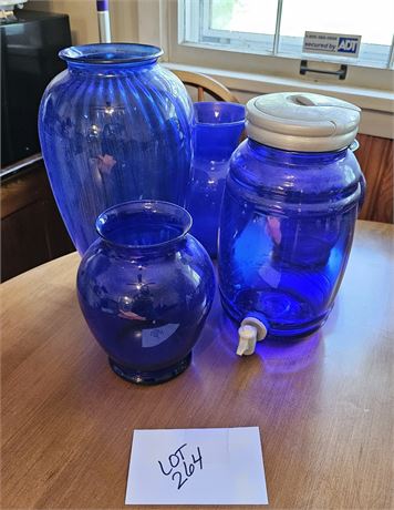 Mixed Cobalt Blue Glass Vases & Tea Cooler Sizes Vary