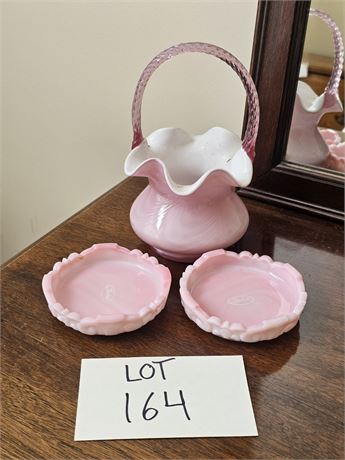 Fenton Dusty Rose Glass Bucket & Fenton Pink Slag Trinket Trays